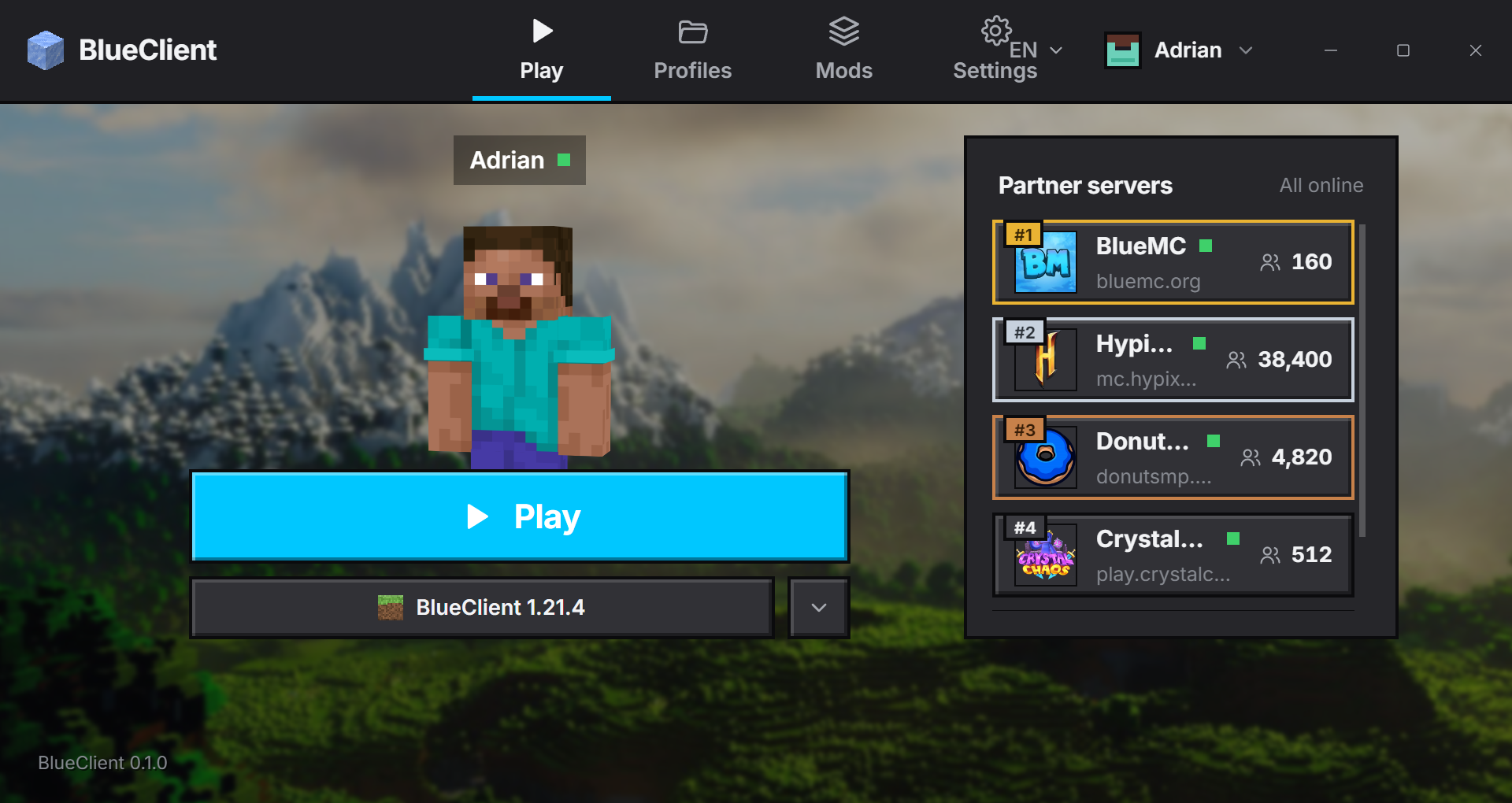 The BlueClient launcher: a player standing in a world, a Play button, and a list of partner servers.