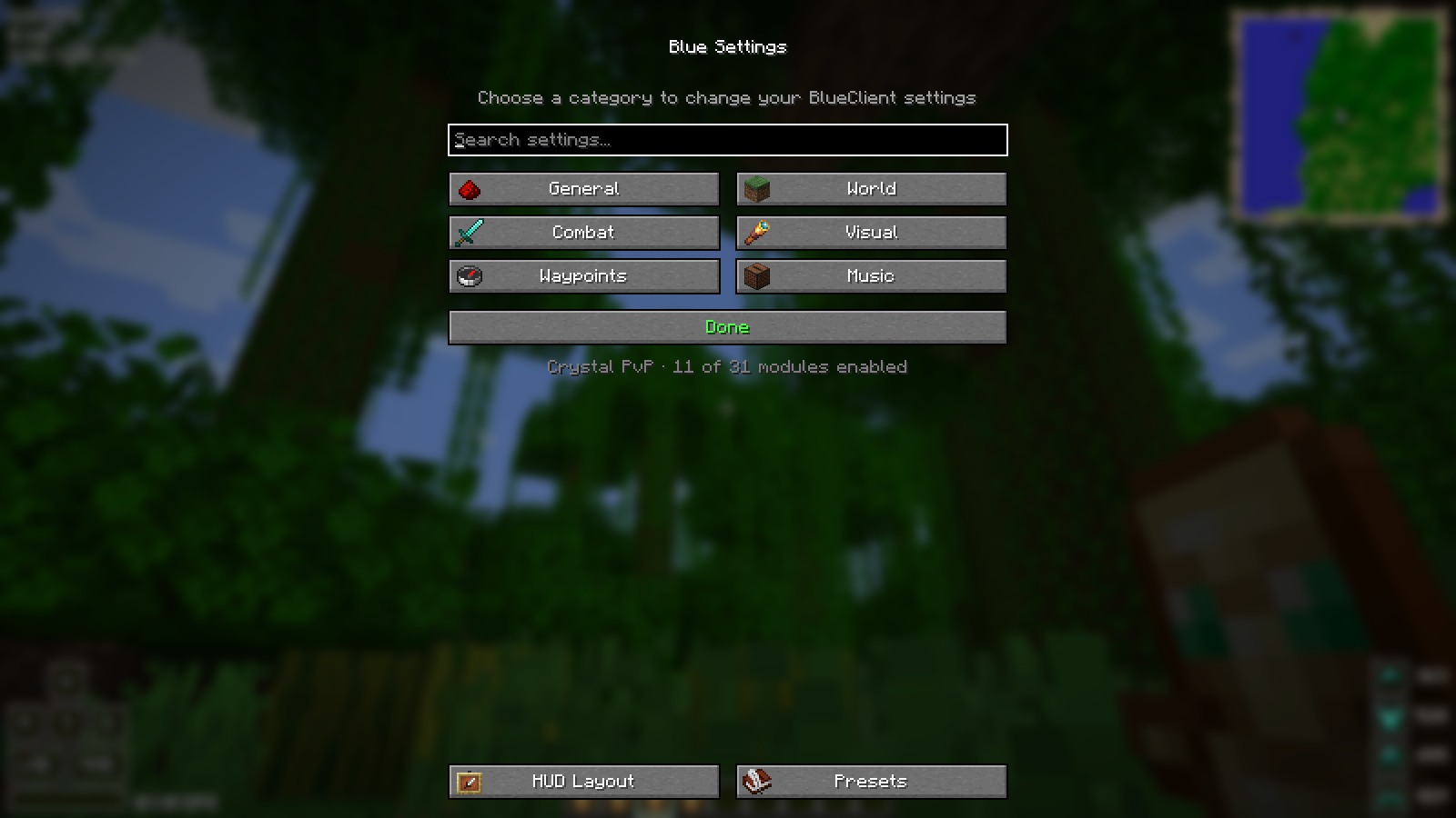 Blue Settings open over the game: six vanilla Minecraft buttons — General, World, Combat, Visual, Waypoints and Music — a search box above them, Done below, and HUD Layout and Presets at the bottom of the window.