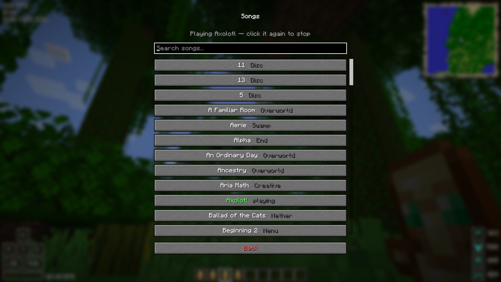 The Music page open over the game: a scrolling list of Minecraft song names in vanilla buttons, with the one playing marked.
